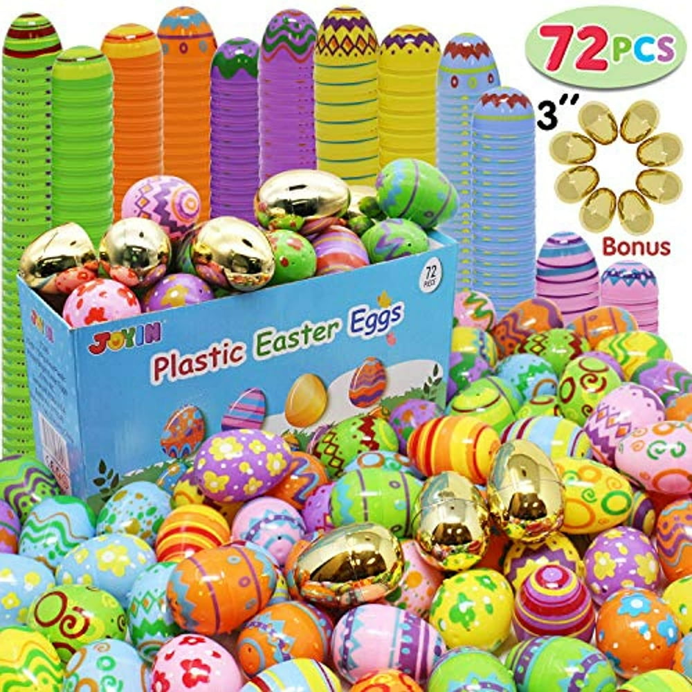 72 Pcs Jumbo Plastic Printed Bright Easter Eggs plus Golden eggs, Over