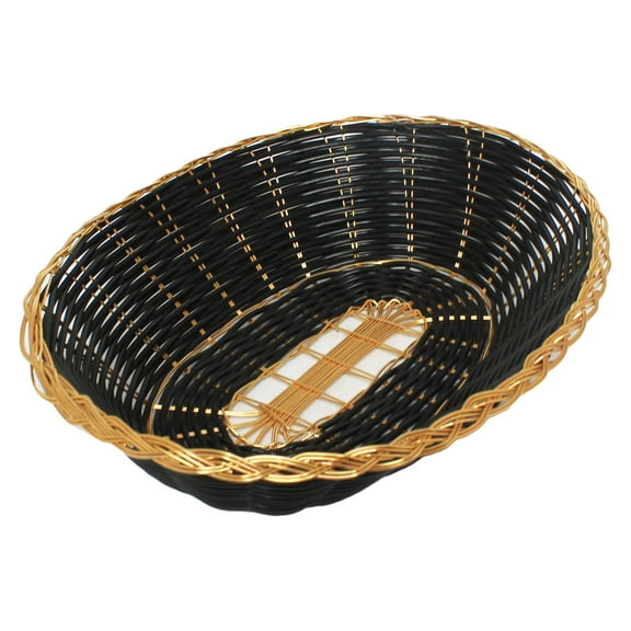Excellante 9.25" x 7" x 2.25" oval black color basket with gold trim, comes in each