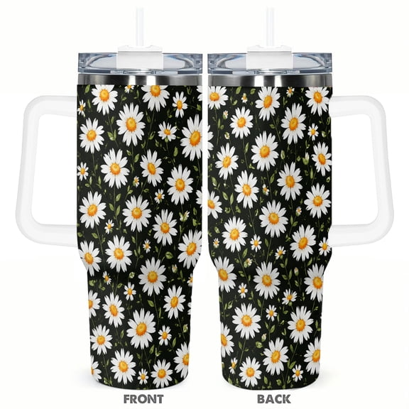 40oz Black Daisy Travel Tumbler with Handle and Straw Lid White Floral Insulated Car Coffee Cup Gift for Women