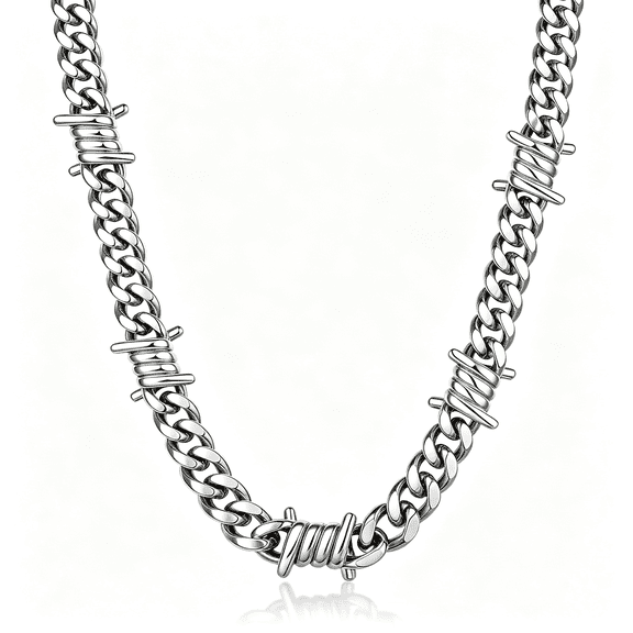 DESIGNICE Stainless Steel Barbed Wire Cuban Chain Necklace for Men&Women Edgy Fierce Design,Waterproof&Tarnish Resistant,Silver/Black Tone,5/7/9/12Mm,16-22 Inches,Street Punk Style Jewelry