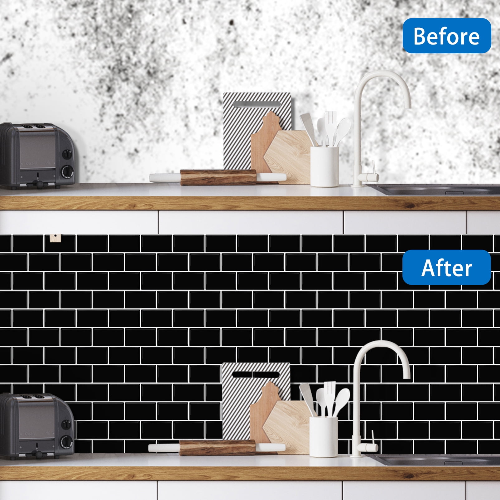 DEWOO Peel and Stick Backsplash - 10 Sheets of 12"×12" - 3D Adhesive Peel and Stick Tile Backsplash for Kitchen, Bathroom, Wall Tile, Black