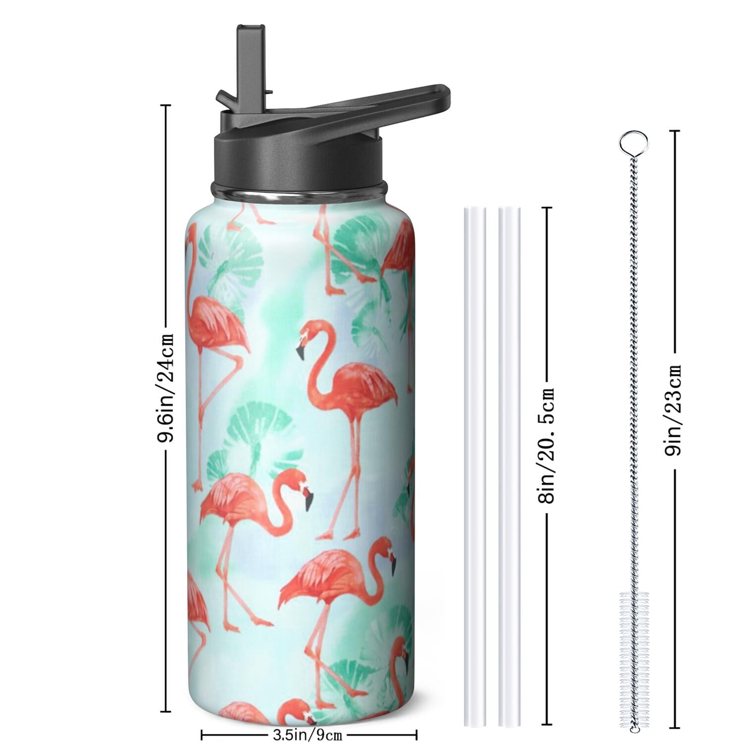32oz Insulated Stainless Steel Sports Flamingo Themed Water Bottle Flamingo Themed Design Wide Mouth Handle Lid Double Walled Leak Proof Keeps Cold 24H Hot 12H