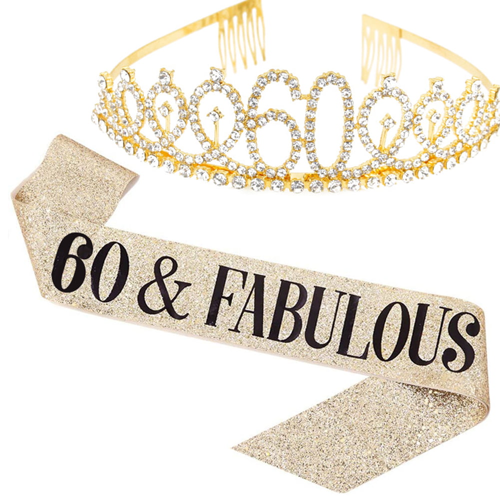 Glitter Satin and Crystal Rhinestone Crown 60th Birthday Gold Tiara and Sash 