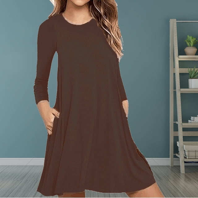 Robe Longue avec Poches Mode pour Femmes Décontractée à Manches Longues Couleur Unie Robe T-shirt Ample avec Poches