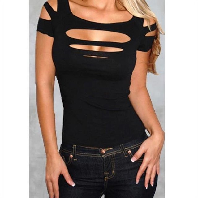 Camiseta elástica de vendaje caliente para mujer, Tops de noche de fiesta ajustados deshilachados, negro M Ehuebsd Para estrenar