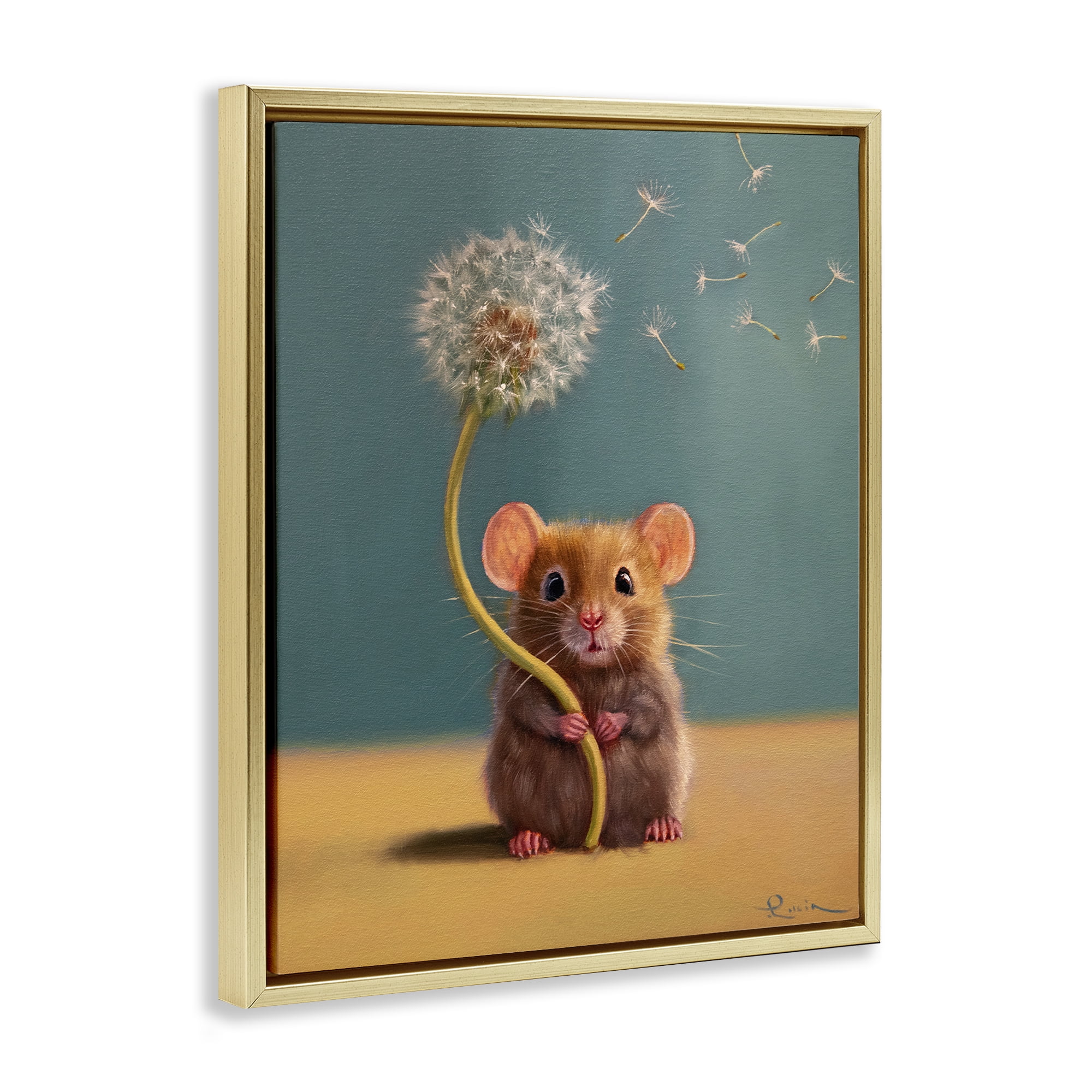 Tiny Wishes Mouse & Dandelion Gold Framed Floater Canvas Wall Art, design by Lucia Heffernan
