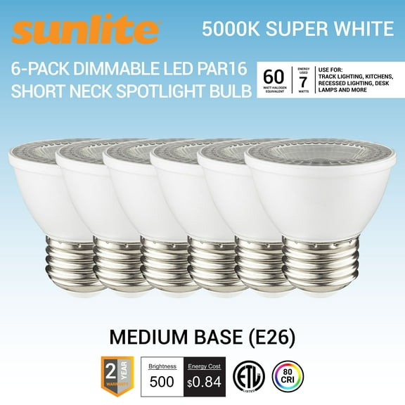 Sunlite LED PAR16 Short Neck Recessed Spot light Bulb 7 Watts, (60W Halogen Replacement), Medium E26 Base, Dimmable, ETL Listed, 5000K Super White, 6-Pack