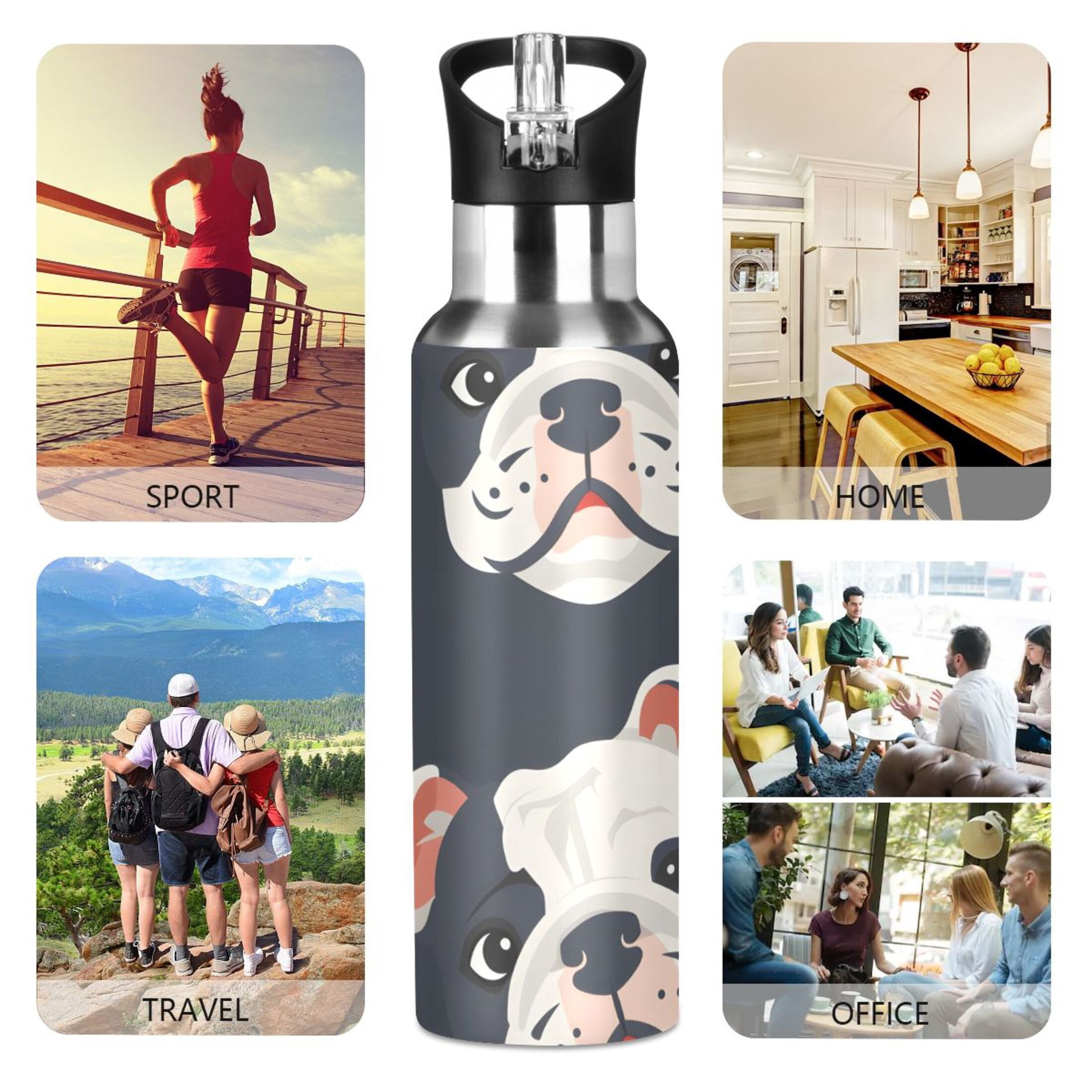 OREZI Stainless Steel Water Bottle Cute Bulldog Dog Face 34oz/1000ml Double Wall Vacuum Insulation Leakproof for Sports Travel