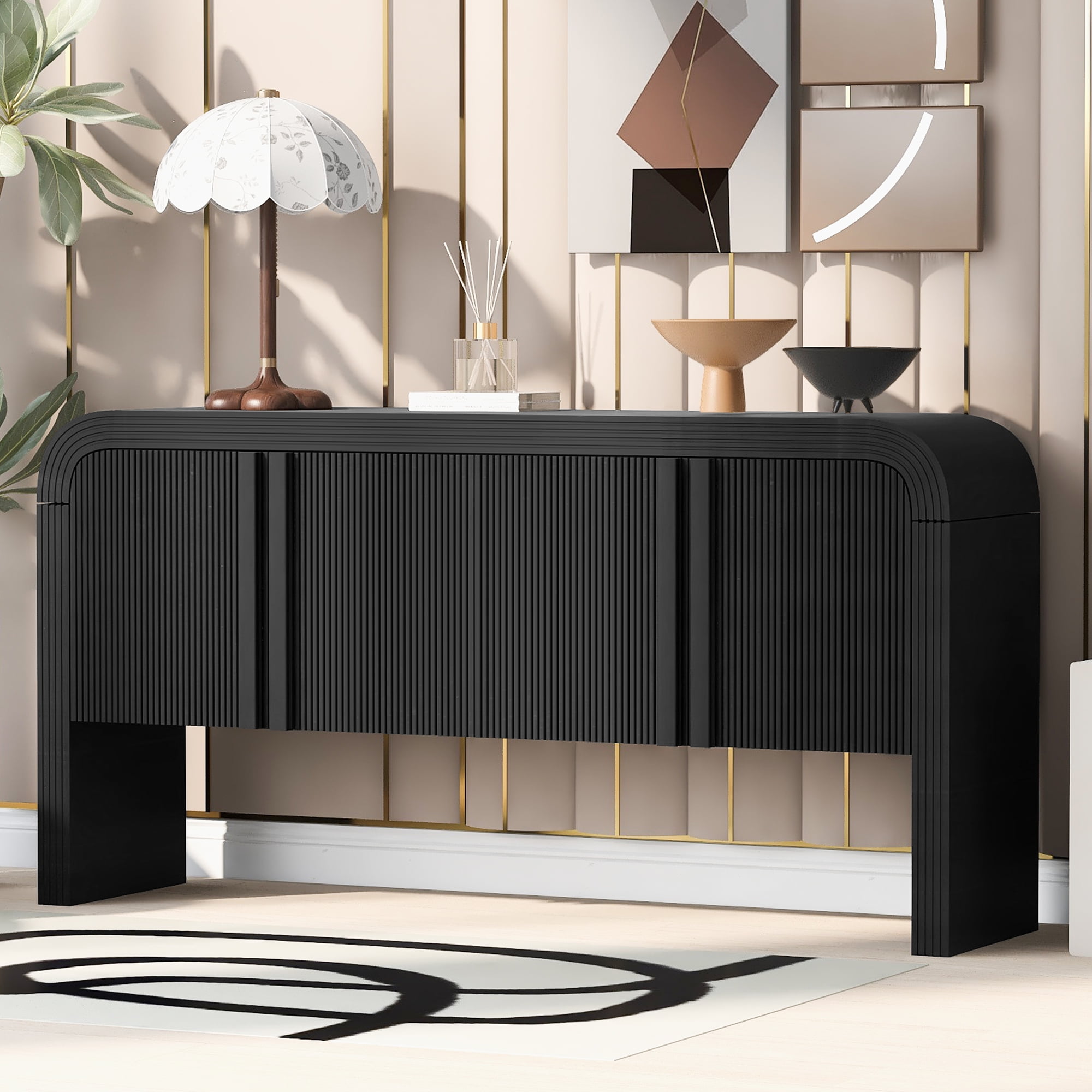 Aukfa 63 "Console Table Striped 4-Door Sideboard Storage Cabinets for Hallway Living Room,Black