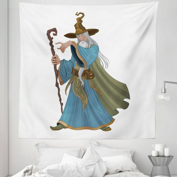 Wizard Tapestry, Fantasy Style Powerful Sorcerer with Staff Medieval and Mythical Cartoon Character, Fabric Wall Hanging Decor for Bedroom Living Room Dorm, 5 Sizes, Multicolor, by Ambesonne
