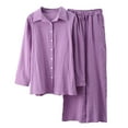 thumbnail image 5 of Qeaghou Women's Two Piece Outfits Long Sleeve Button Down Shirt With Pleated Pants 2 Piece Sets Summer Flowy Plus Size Cotton Linen Lounge Outfits, 5 of 7
