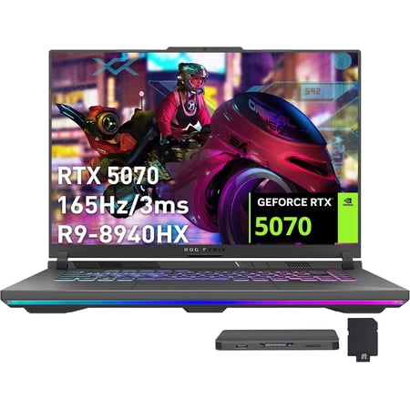 ASUS ROG Strix G16 16" WUXGA 165Hz Gaming Laptop, GeForce RTX 5070 8GB GDDR7, AMD Ryzen 9 8940HX, 16GB DDR5, 2TB Storage (1TB SSD+1TB Docking Station Set), 4-Zone RGB Backlit Keyboard, Win 11, Gray