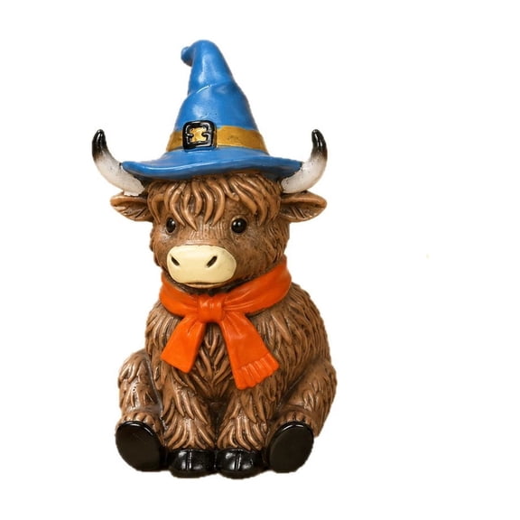 Highland Cow Figurine with Hat and Scarf, Cute Resin Animal Statue for Halloween Christmas Home Decor, Festive Ornament for Shelf Tabletop Display