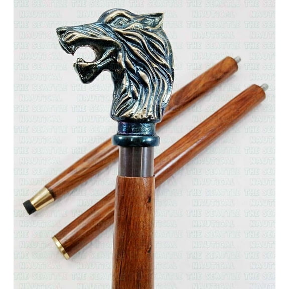 Antique Vintage Brass Wolf Head Handle stick wood walking stick Victorian Wooden Walking Stick Canes