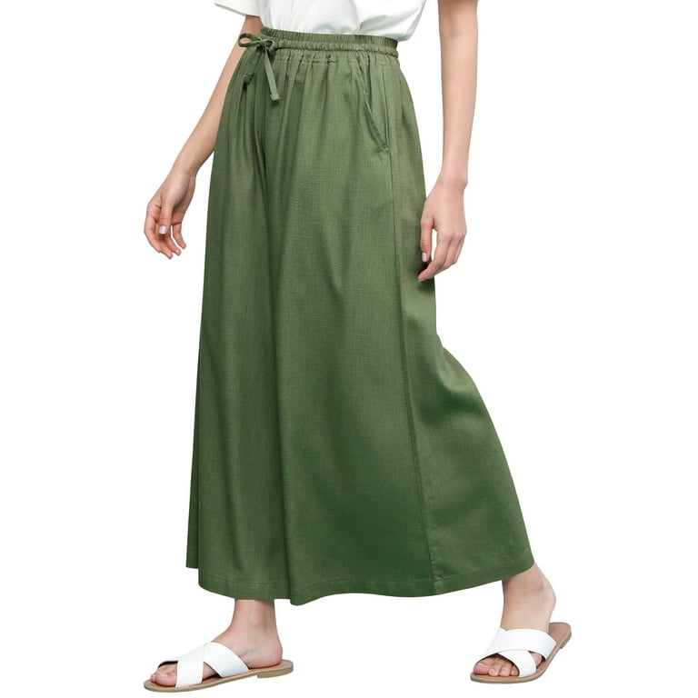 Made by Johnny Women's Casual Loose Washed Linen Wide Leg Pants with  Pockets and Drawstring XL GREEN 