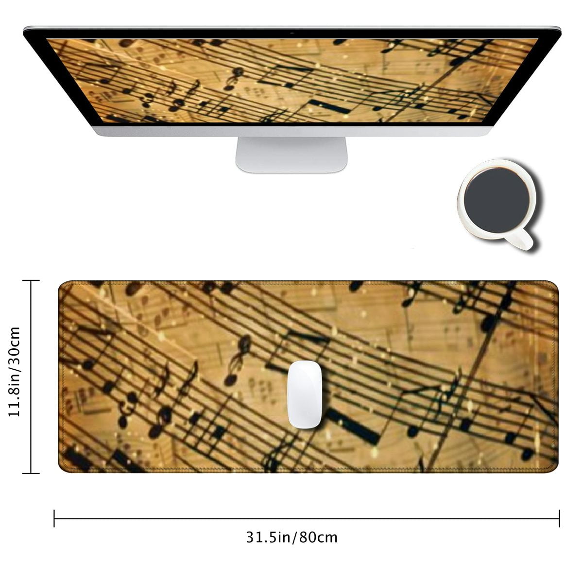 Heduofu Laptop Mouse Pad Retro Music Score Desk Mat with Stitched Edges Non-Slip Large Rubber Writing Table Mat for Office Home 31.5x11.8 in