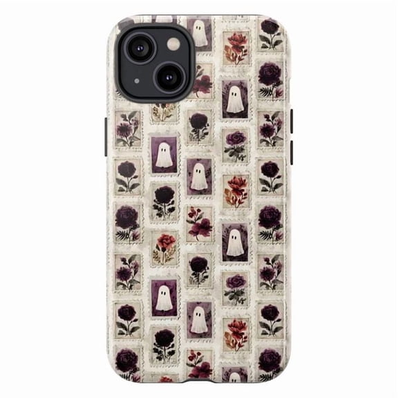 Vintage Ghost and Floral Stamp Phone Case, Spooky Cottagecore Aesthetic iPhone Cover, Artistic Protective Case for iPhone 16 15 14 13 12 11 Plus Pro Max Mini