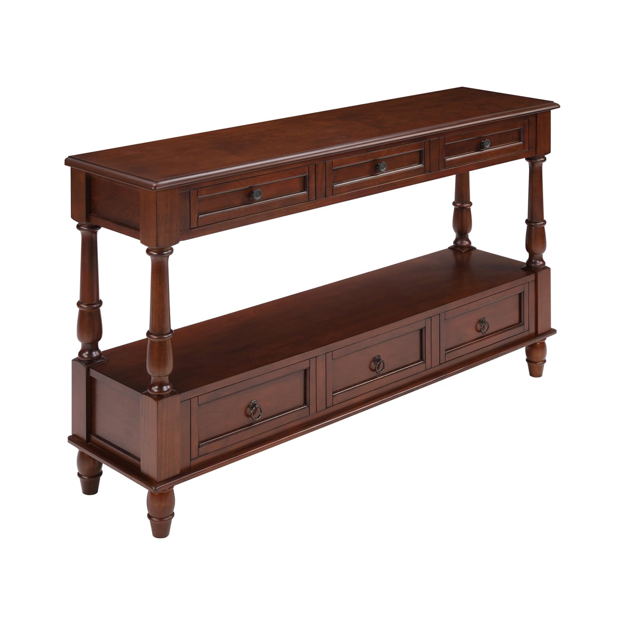 BFJDM Farmhouse Solid Wood Console Table with 6 Drawers and Shelf, Narrow Long, Stain Resistant, Cherry