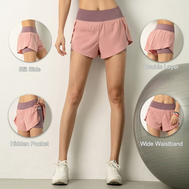 Women Running Shorts 2-in-1 with Pocket Wide Waistband Coverage Layer  Compression Liner Lounging Sport Yoga Leggings Fitness Workout Athletic Gym  Home