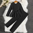 thumbnail image 4 of CPNG Girls Clothes Rib-Knit Outfit Ruffle Sleeve Shirt with Belt 3Pcs Straight Wide Leg Pant Set Teen Girls Fashionable Casual Dress Set(Black,11-12 Years), 4 of 9