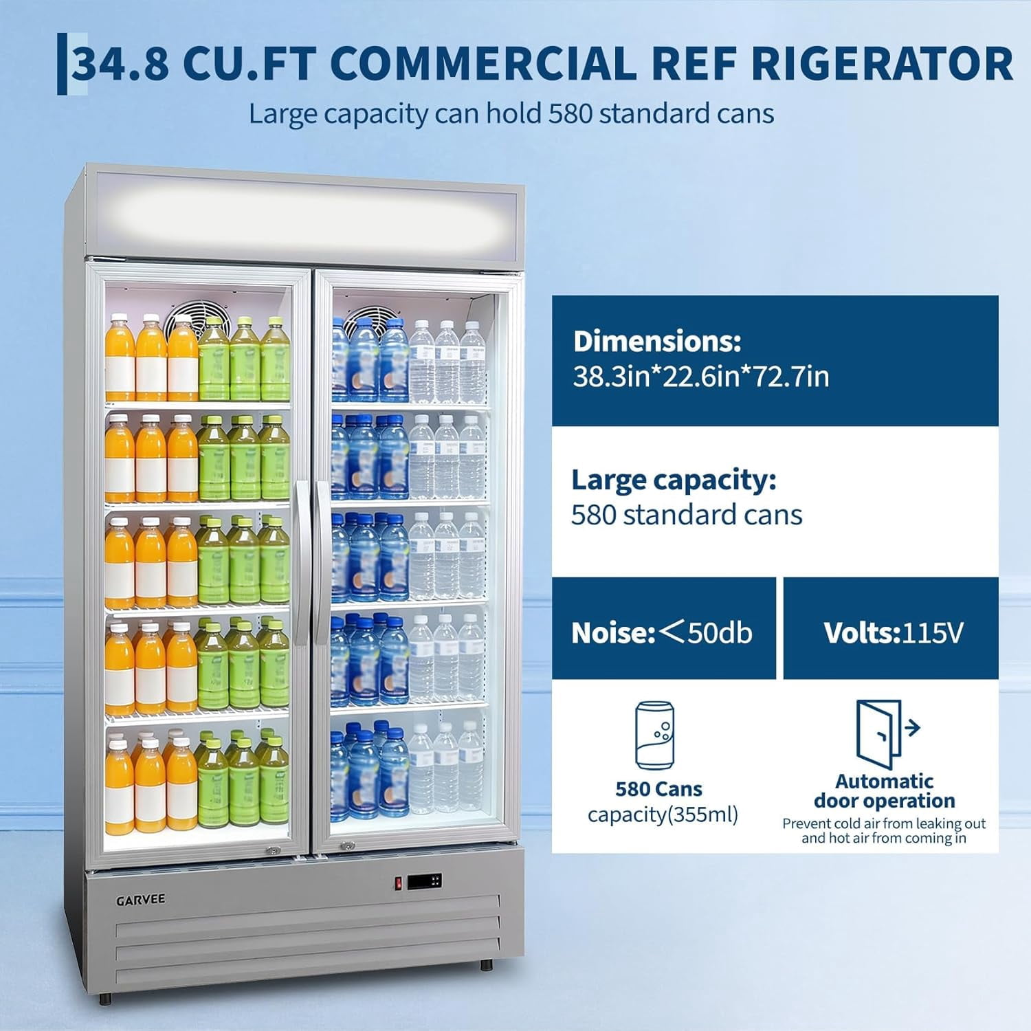 34.8 Cu.ft Commercial Beverage Fridge, Double Glass Door Display Refrigerator with Adjustable Shelves, Customizable LED Lightbox & Frost-Free System, Beverage Cooler for Restaurant Bar Store, Silver