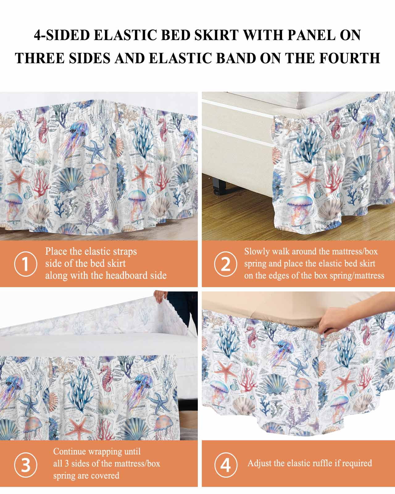 Blue Coastal Wrap Around Bed Skirts for King Bed 18" Drop,Bed Skirt with Adjustable Elastic Belt Dust Ruffle Bed Valance for Bedroom Hotel Luxury Summer Coral Shell Sea Beach Nautical Bed Frame Cover