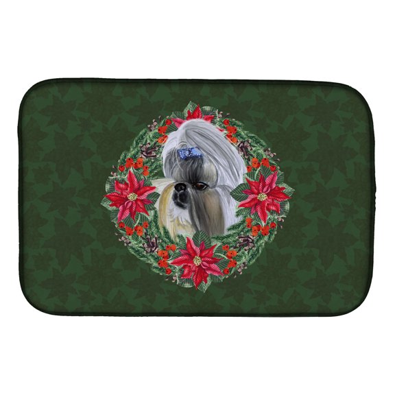 Shih Tzu Poinsetta Wreath Dish Drying Mat