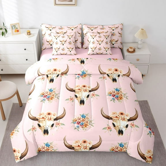 Homewish Girly Pink Mandala Twin Bedding Sets 7-Piece for Kid, Hippie Sheep Skeleton Bedding Comforter Set, Boho Tribal Floral Reversible Sheet Sets, Breathable Home Decor