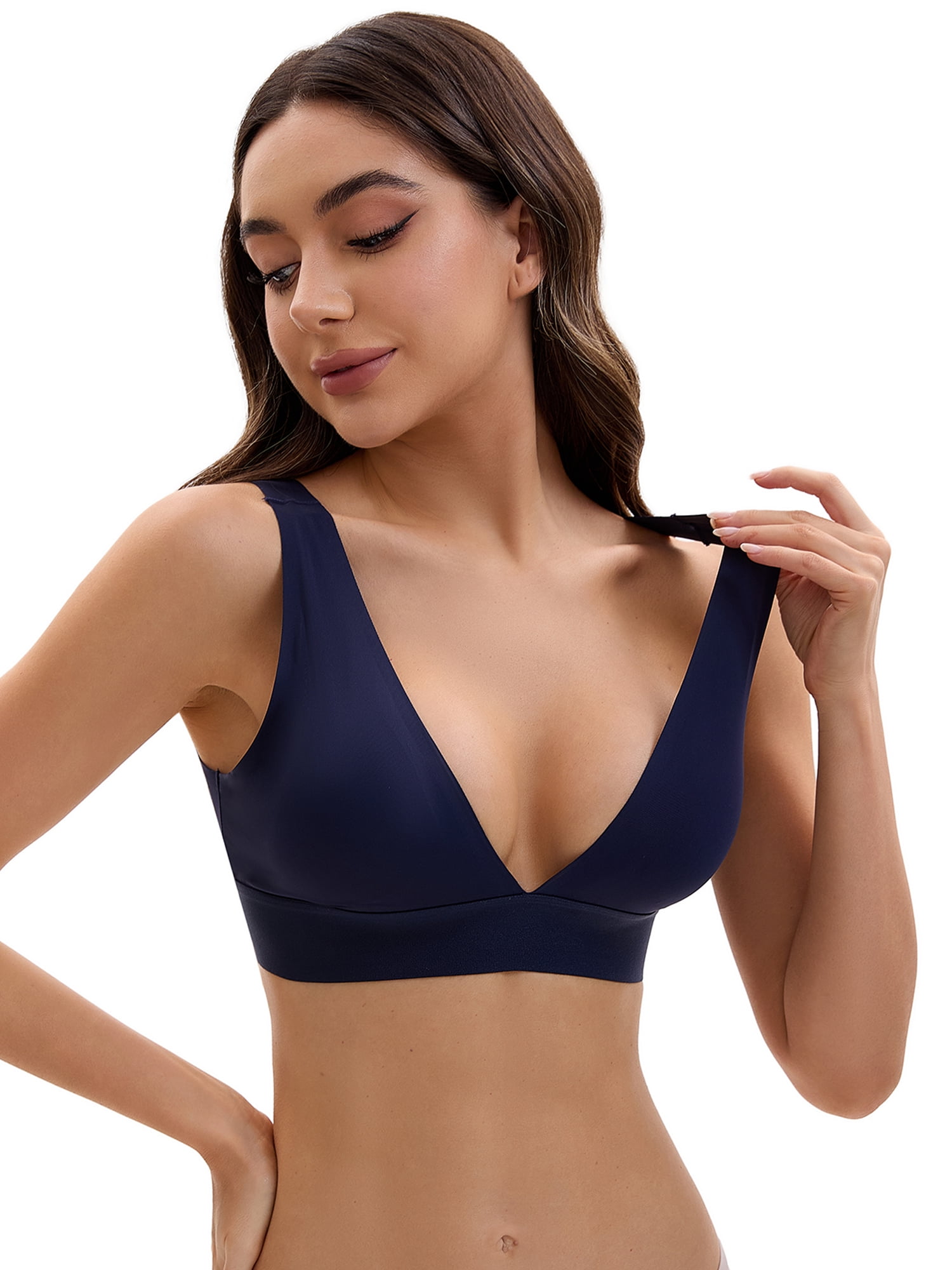 Unique Bargains Women's Deep V Wirefree Comfortable Plunge Bras M Dark Blue