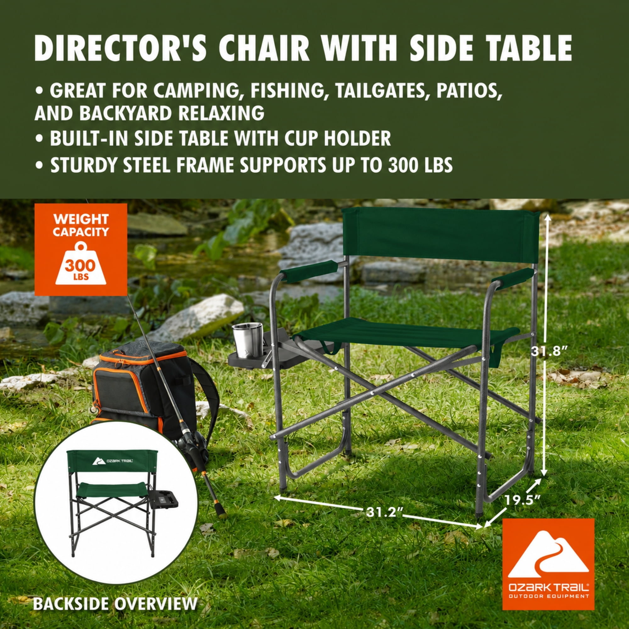 Ozark Trail Director Chair with Side Table, Green