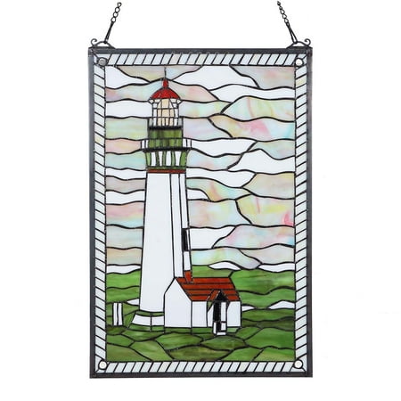Stain Glass Lighthouse Art Panel Bieye W10005 23 inches Lighthouse Tiffany Style Stained Glass Window Panel with Hanging Chain, 15