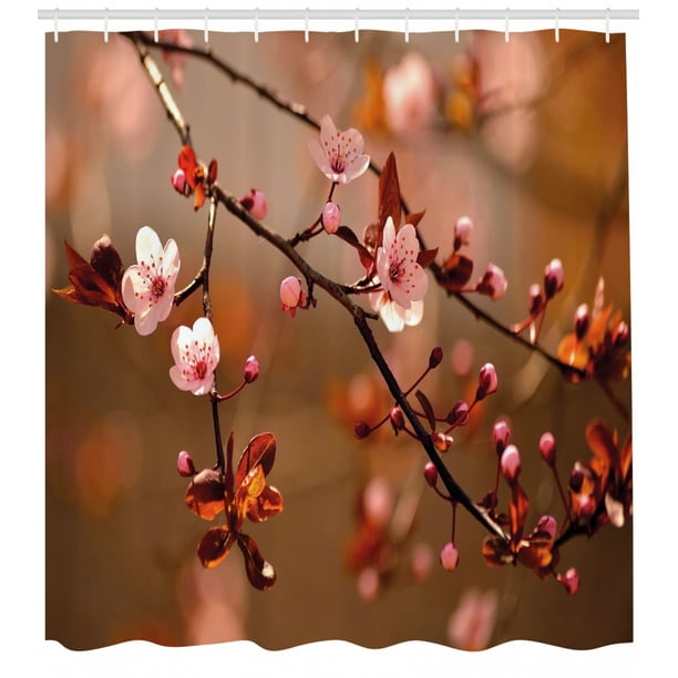 Nature Shower Curtain, Cherry Blossom Sakura Tree Branches Flowering