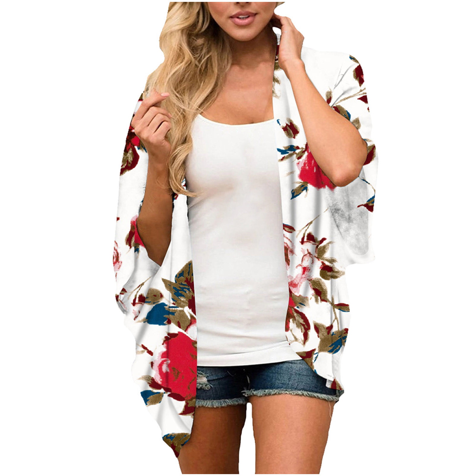 Women's Kimono Cardigan Loose Cover Up Casual Blouse Tops Floral Print Short  Sleeve Shawl Open Front Cardigans - Walmart.com