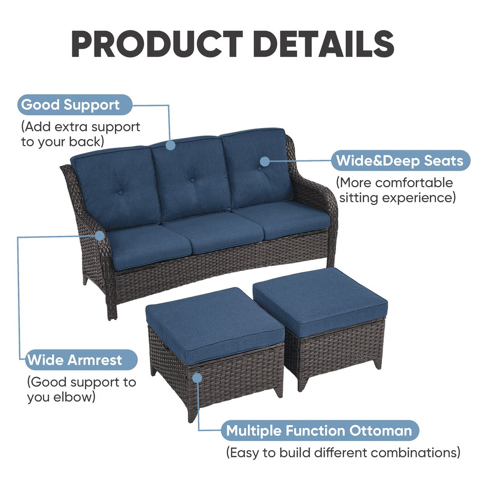 PARKWELL 5-Piece Outdoor Wicker Conversation Set Patio Furniture Couch Rocking Chairs Set with Ottoman,Navy