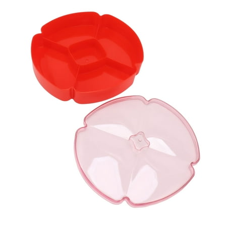 

2024 Snack Serving Tray Round Plastic Fruit Nut and Candy Compartment Plate with 5 Section for Thanksgiving Chinese New Year Red