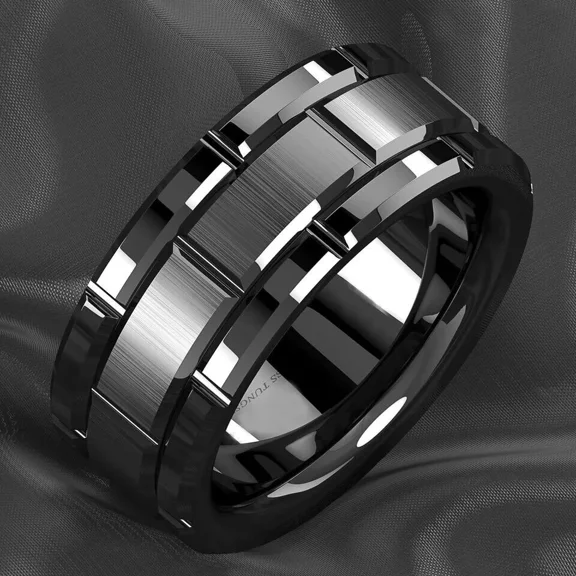 Men's 8mm Tungsten Black Grooved Bushed Brick Pattern Comfort-Fit Wedding Band