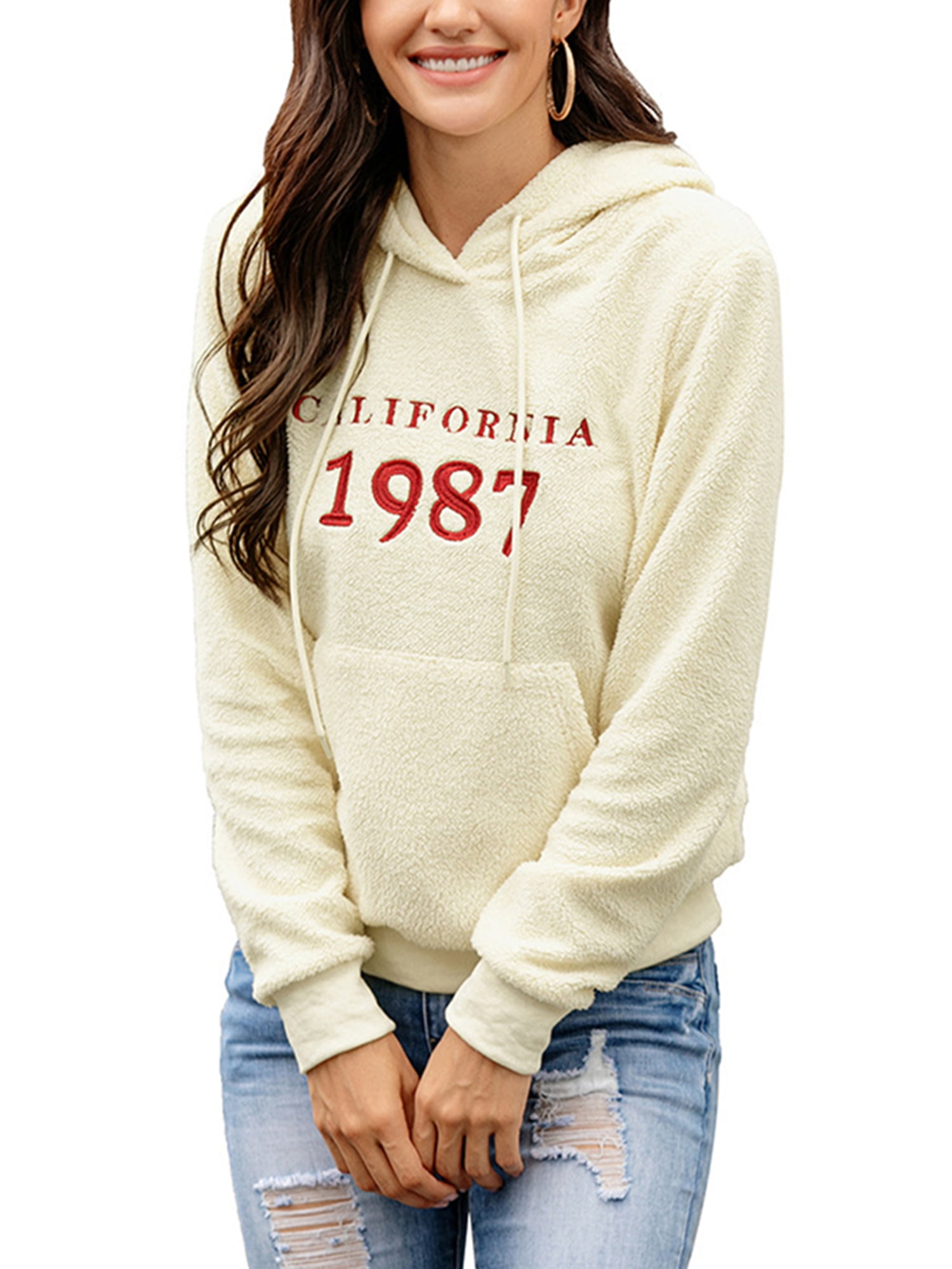 Domple Women Rose Loose Fit Embroidery Casual Letter Print Pullover Hoodies Sweatshirt