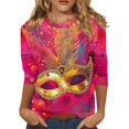 thumbnail image 3 of Hogleaql Mardi Gras Shirts for Women 3/4 Sleeve Crew Neck Loose Fit Tops Carnival Mask Graphic Pullover Dressy Relaxed Fit Shirt Oversized Blouse Hot Pink L, 3 of 6