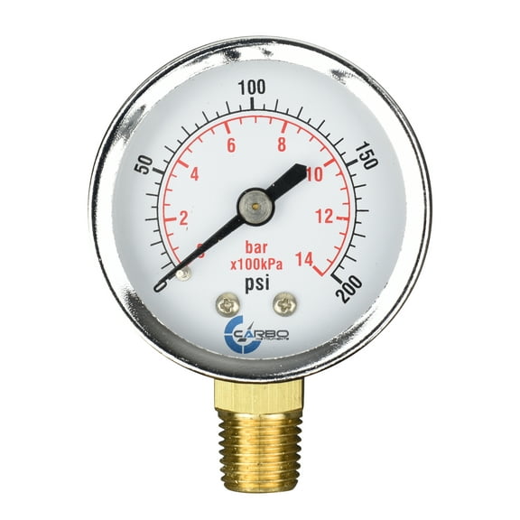 CARBO Instruments 2" Pressure Gauge, Chrome Plated Steel Case, Dry, 0-200 psi/kPa, Lower Mount 1/4" NPT