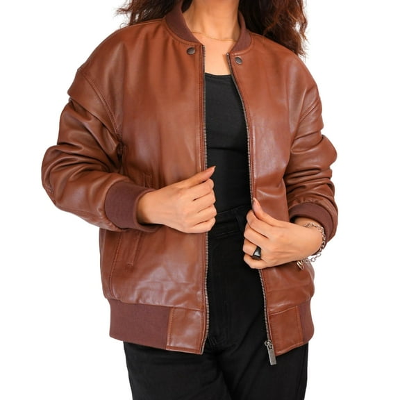Charles Pearson Handmade Lambskin Brown Leather Bomber Jacket Women