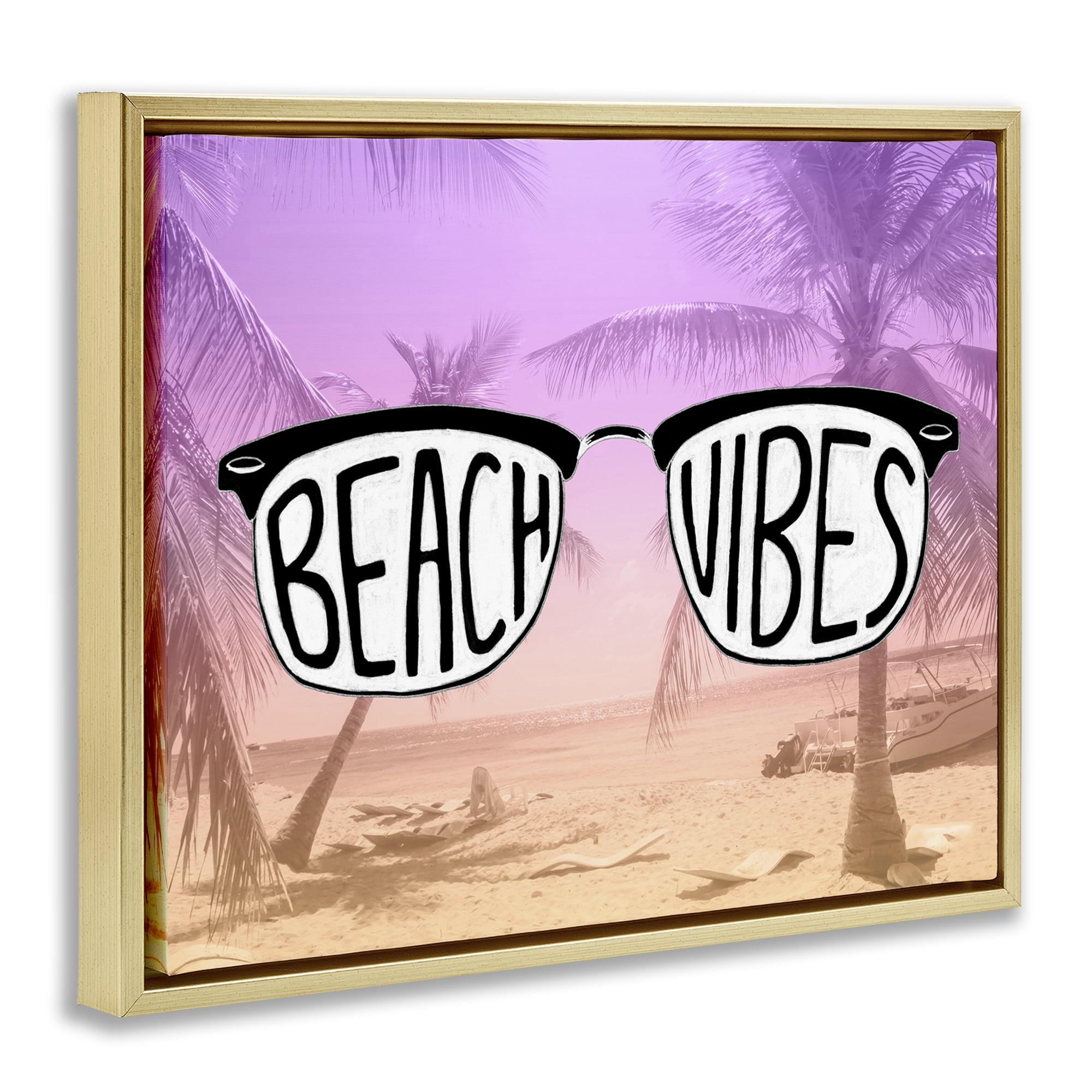 Stupell Industries Tropical Beach Vibes Typography Painting Gold Floater Framed Canvas Art Print Wall Art, 21 x 17
