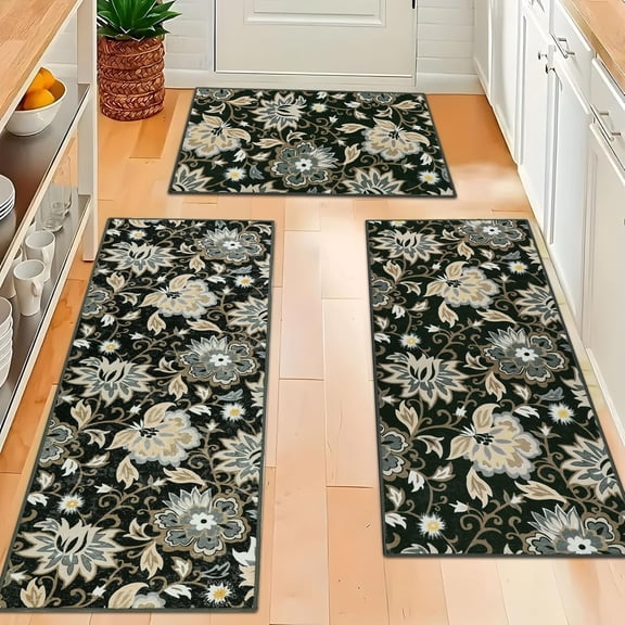 Boho Kitchen Rugs Sets of 3 Non Slip Washable Kitchen Mats for Floor 3 Piece Set Black Kitchen Rug Set Floral Carpet Runner for Kitchen Hallway Laundry Room