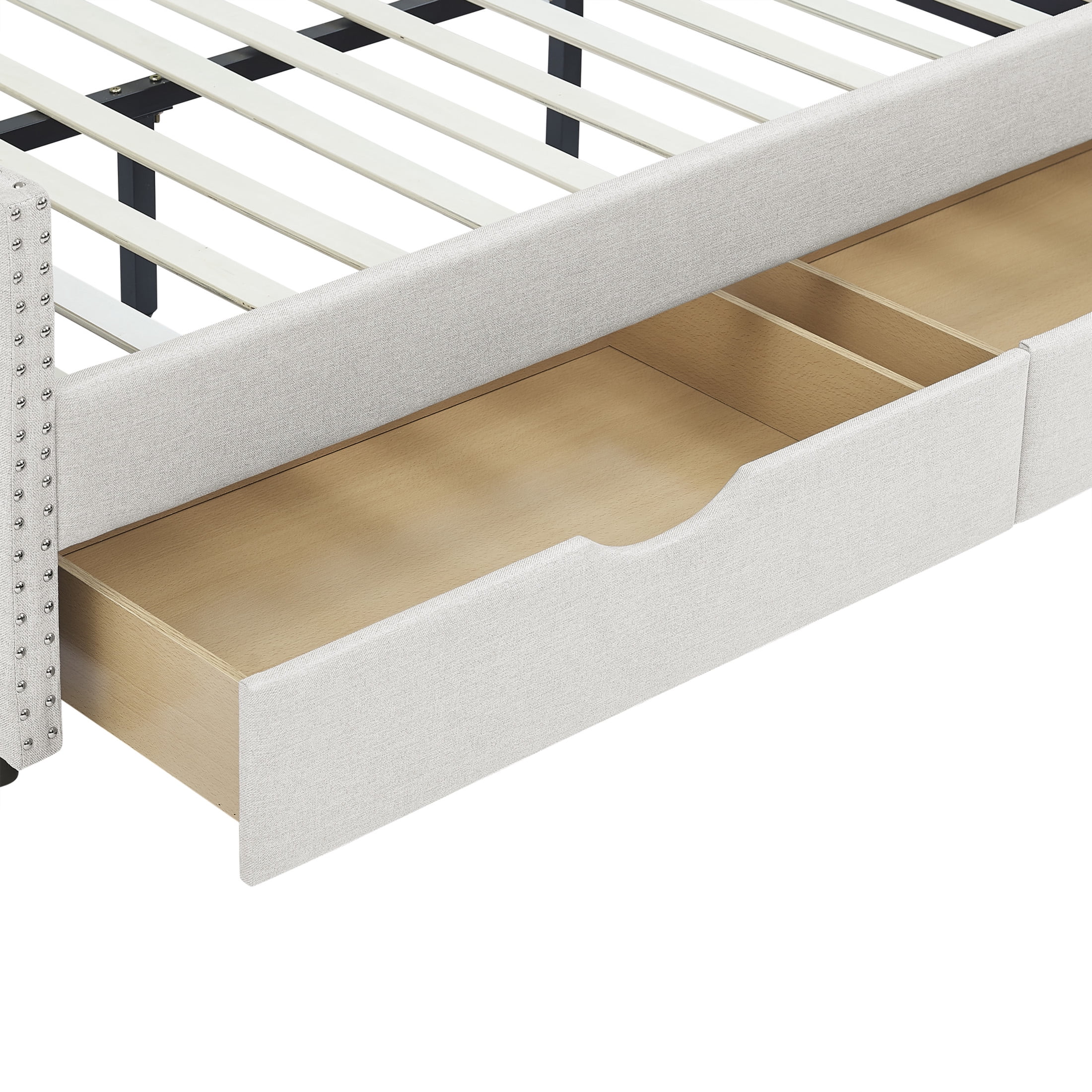 Noble House Full Size Button Tufted Daybed, Linen Sofa Bed Frame with Storage Drawers and Nailhead Waved Arms, Beige