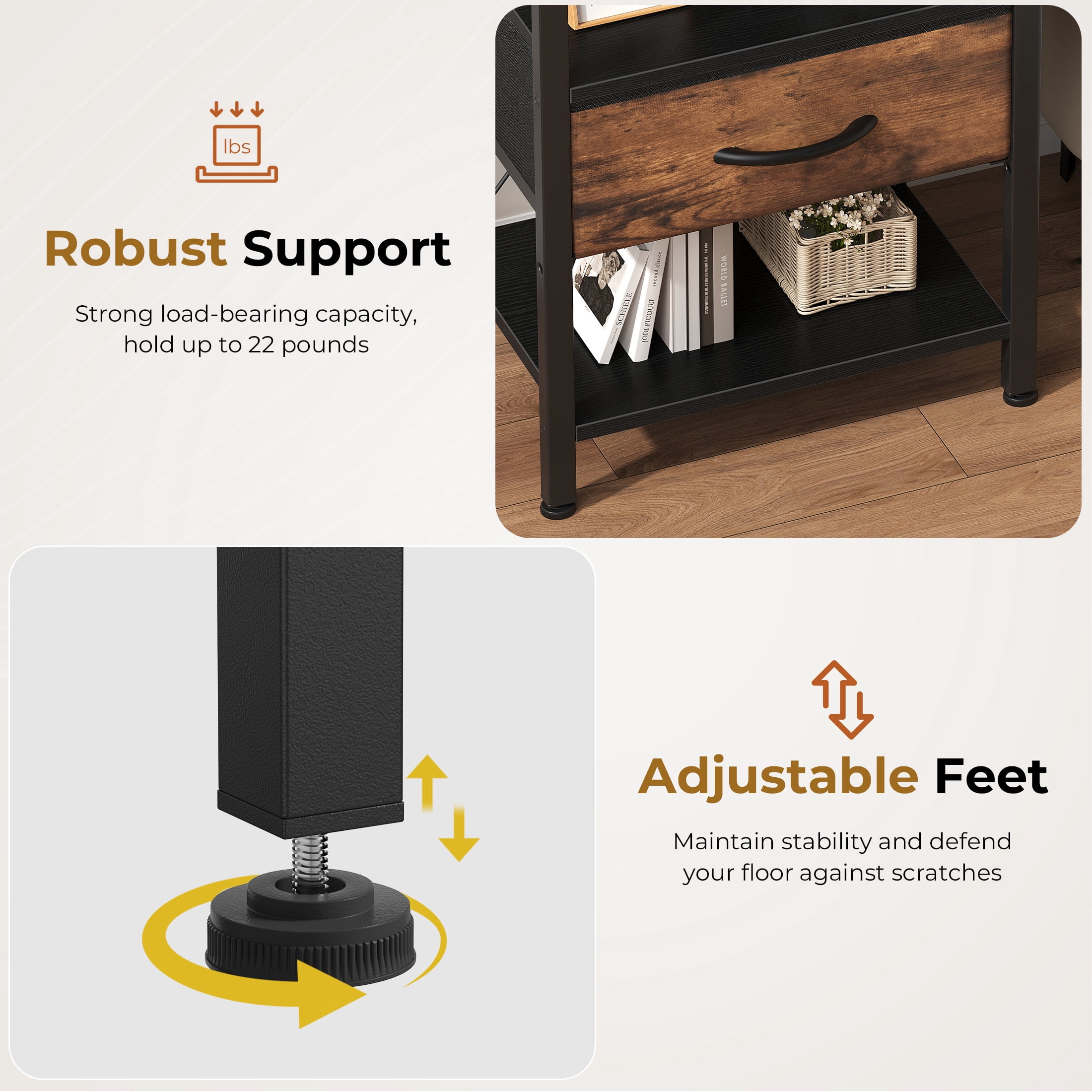 EDX Wall-Mounted Bedside Table, Built-in Outlet with USB/Type-C Ports and Adjustable Drawer, 3-Tier Storage Shelf with Fabric Drawer for Bedroom Space Saving, Black+Genuine antique wood color