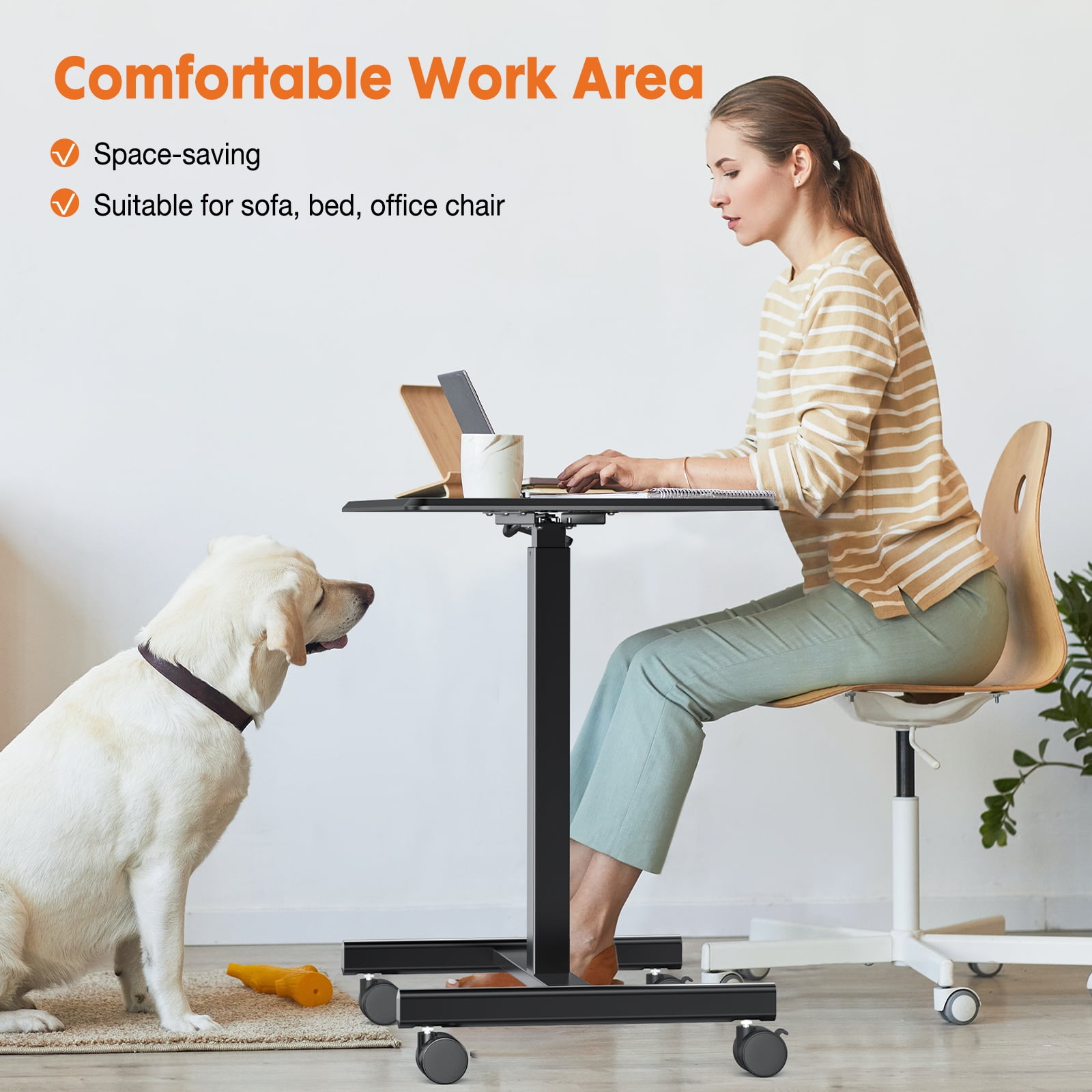Mobile Rolling Standing Desk - Overbed Table, Teacher Podium with Wheels, Adjustable Work Table, Rolling Desk Laptop Computer Cart for Home, Office, Classroom - Black