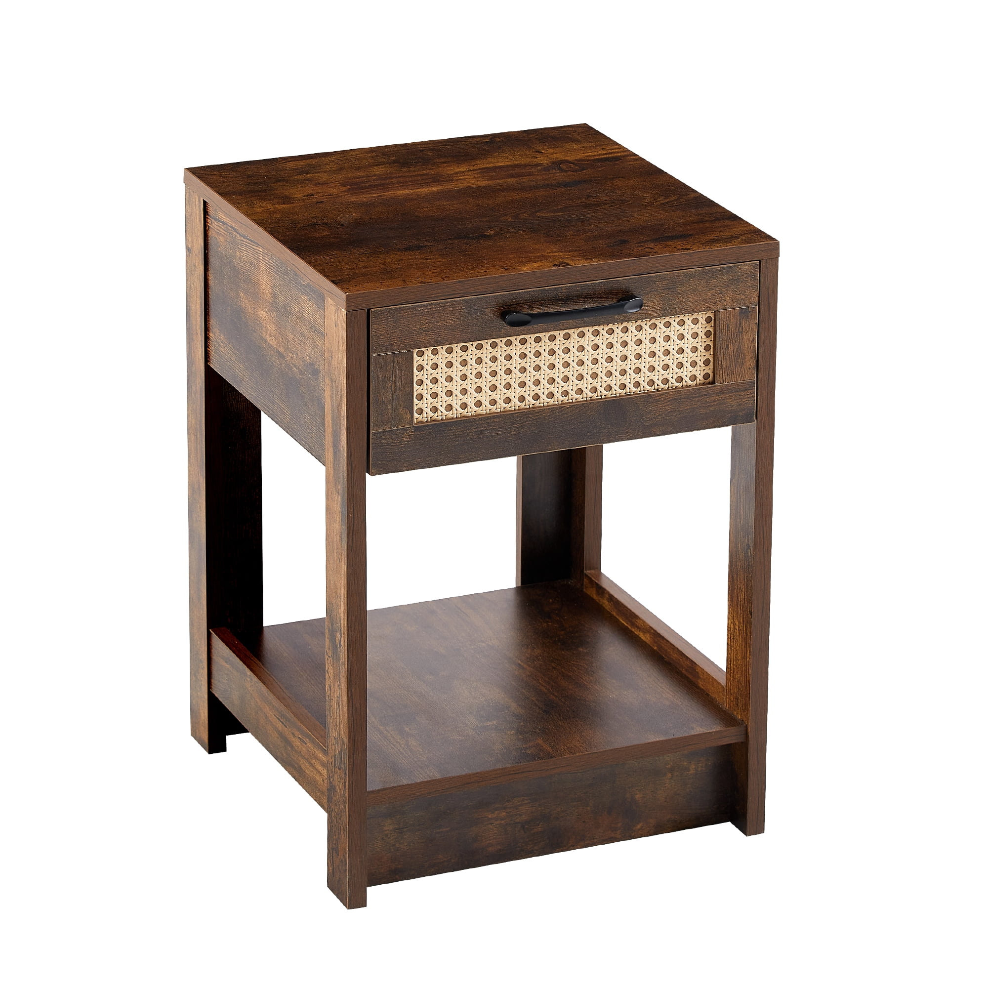 MAYEERTY 15.77" Rattan End Table with Drawer – Modern Nightstand for Living Room, Bedroom, Rustic Brown