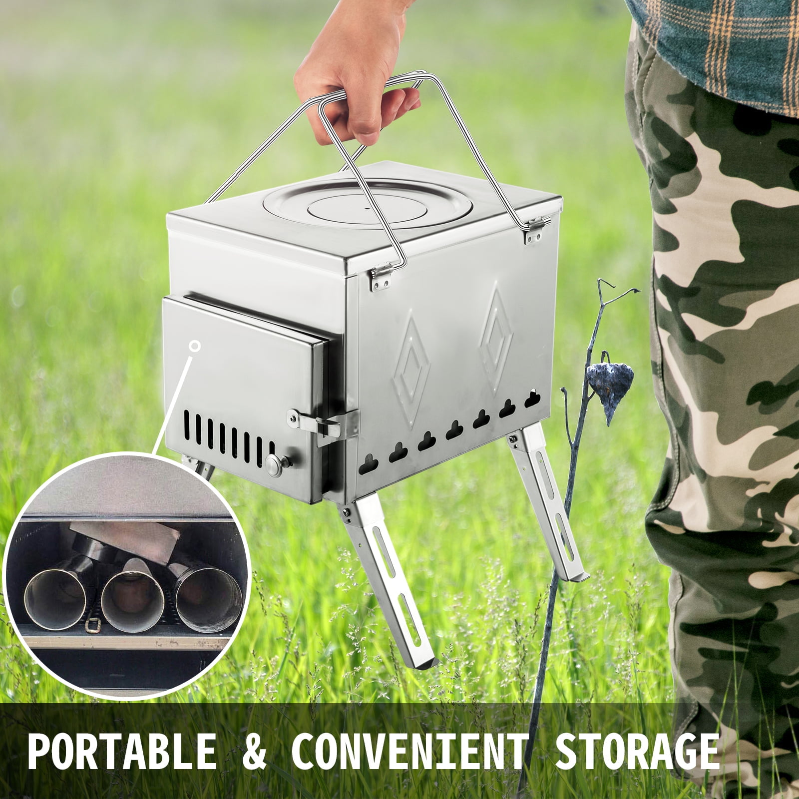 VEVOR Tent Wood Stove 17.5x14.7x10.6 inch, Camping Wood Stove 304 Stainless  Steel with Folding Pipe, Portable Wood Stove 95.7 inch Total Height for  Camping, Tent Heating, Hunting, Outdoor Cooking - Walmart.com