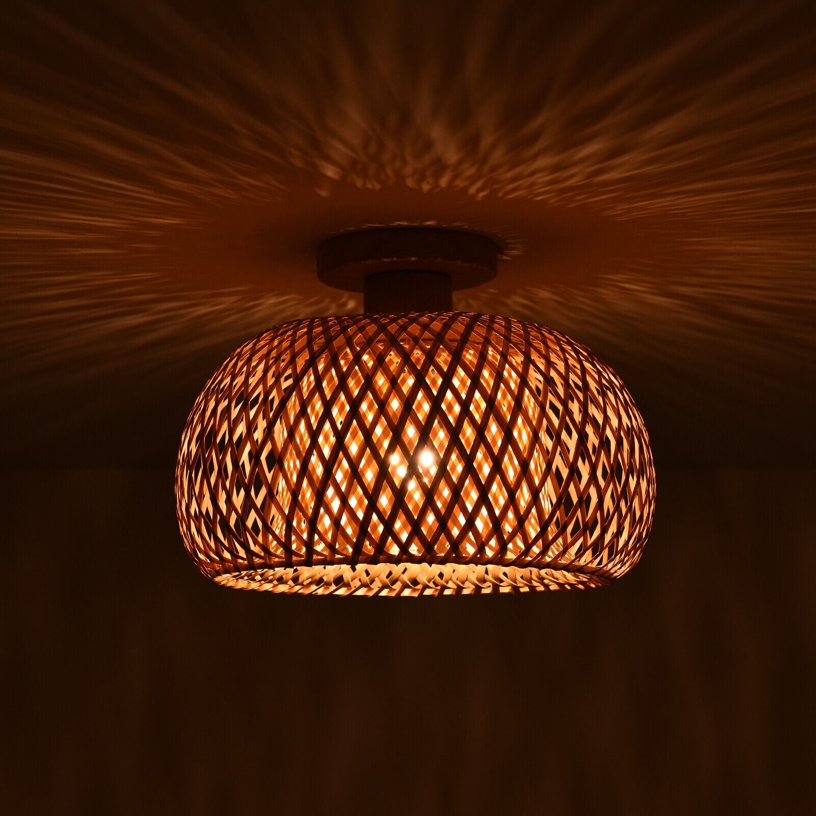Ceiling Light Fixture Semi Flush Mount Lamp Vintage Bamboo Wicker Rattan Lantern