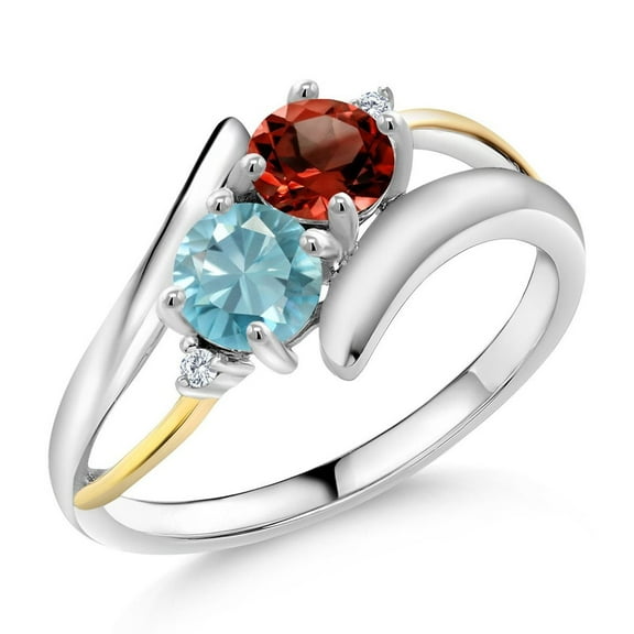 Gem Stone King 1.87 Ct Round Red Garnet Blue Zircon 925 Silver and 10K Yellow Gold Ring (Size 7)