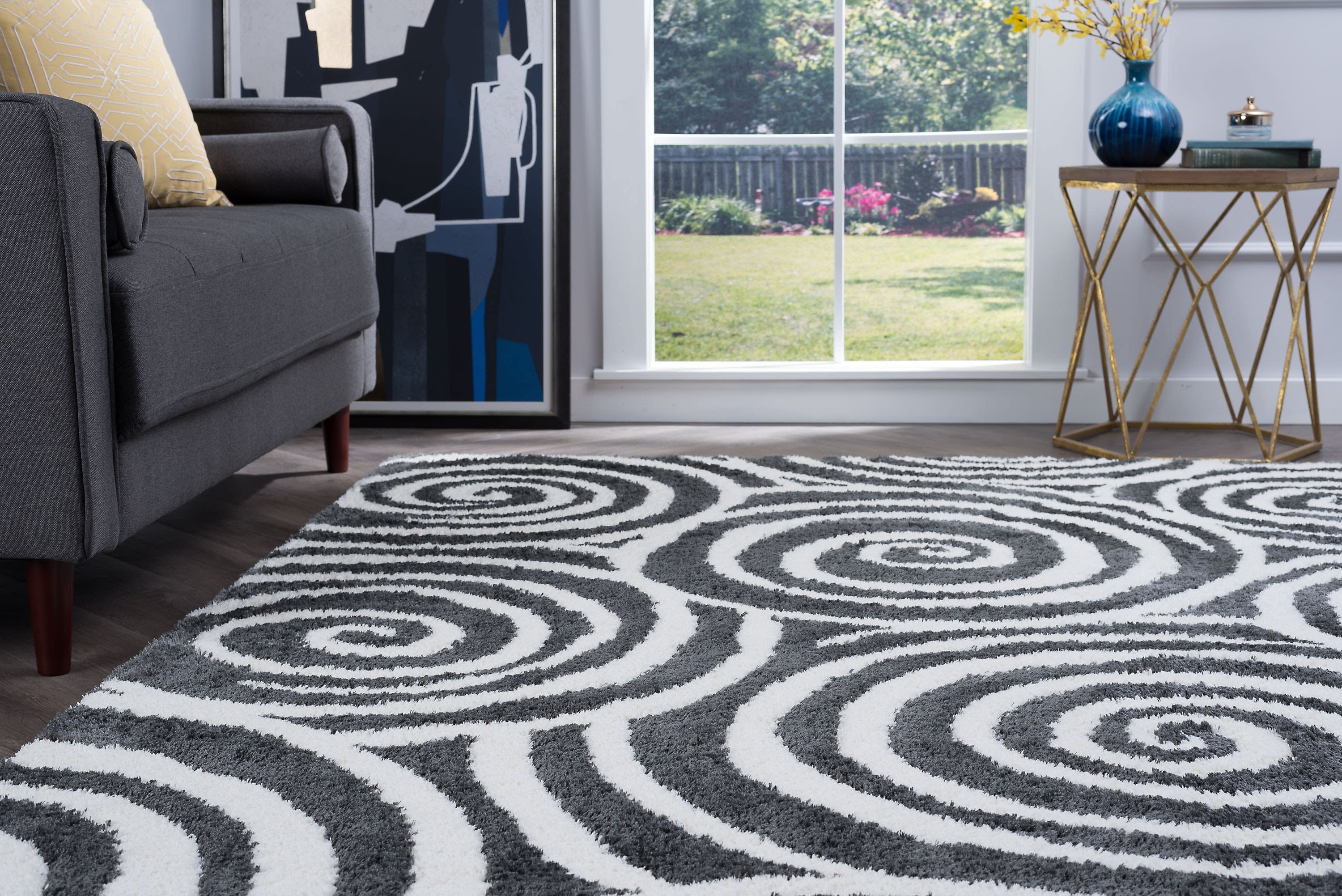Contemporary 5x8 Area Rug Shag Thick (5'3'' x 7'3'') Geometric Charcoal, Cream Living Room Easy to Clean
